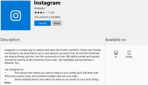 Instagram app in windows 10 to download
