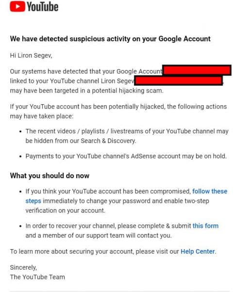 YouTube channel hijacked email - thetechieguy